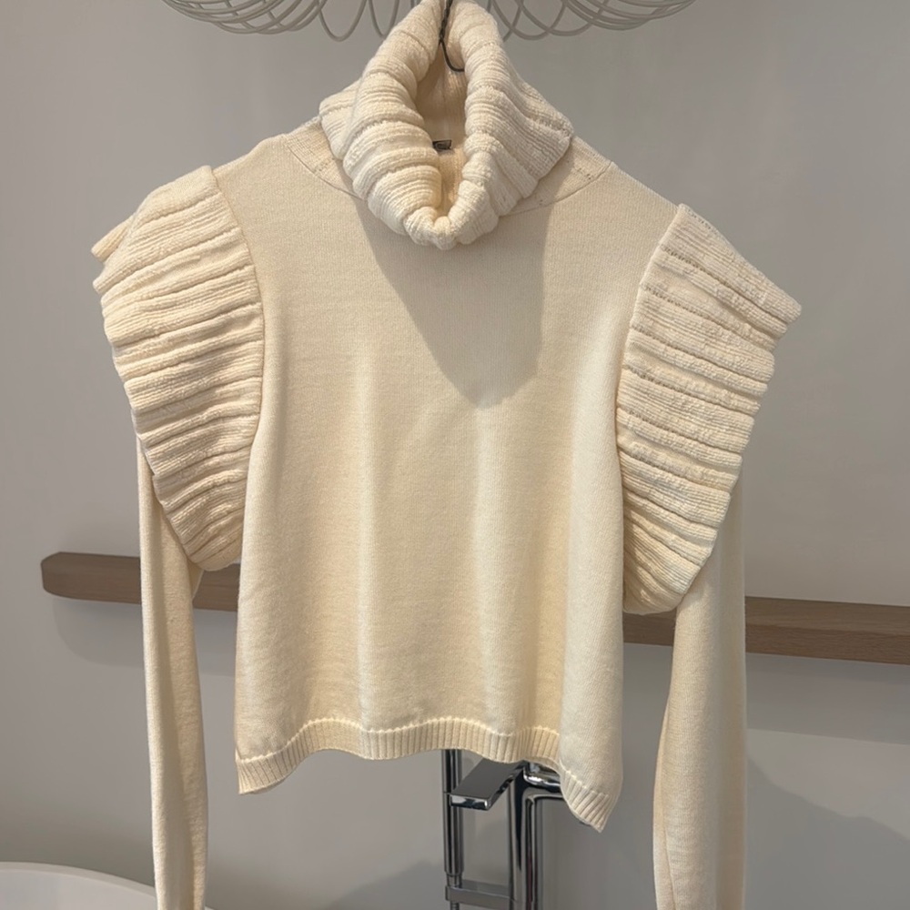 Cream Cowl Neck Sweater with Dramatic Shoulders